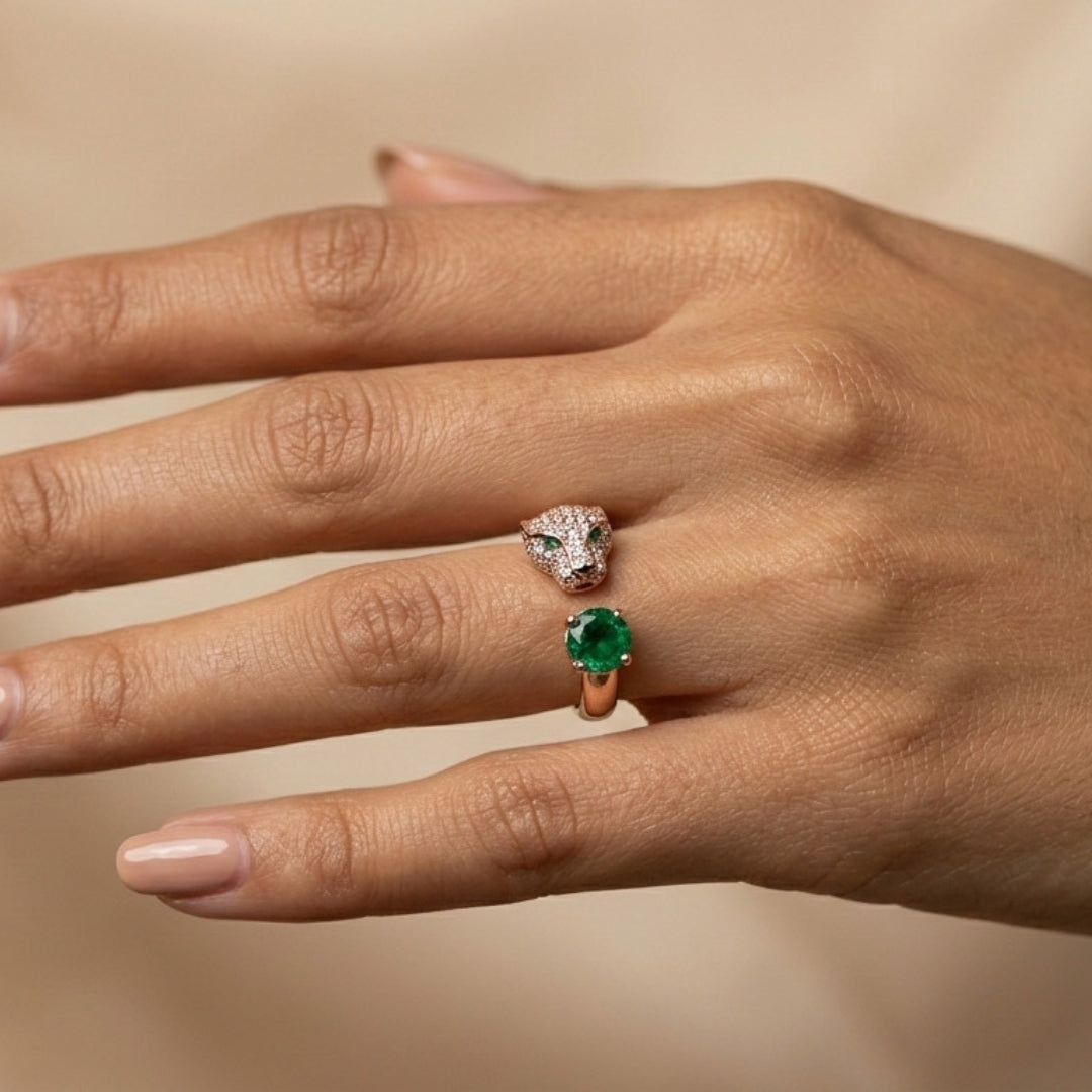 The Emerald Cabochon Panther Adjustable Ring