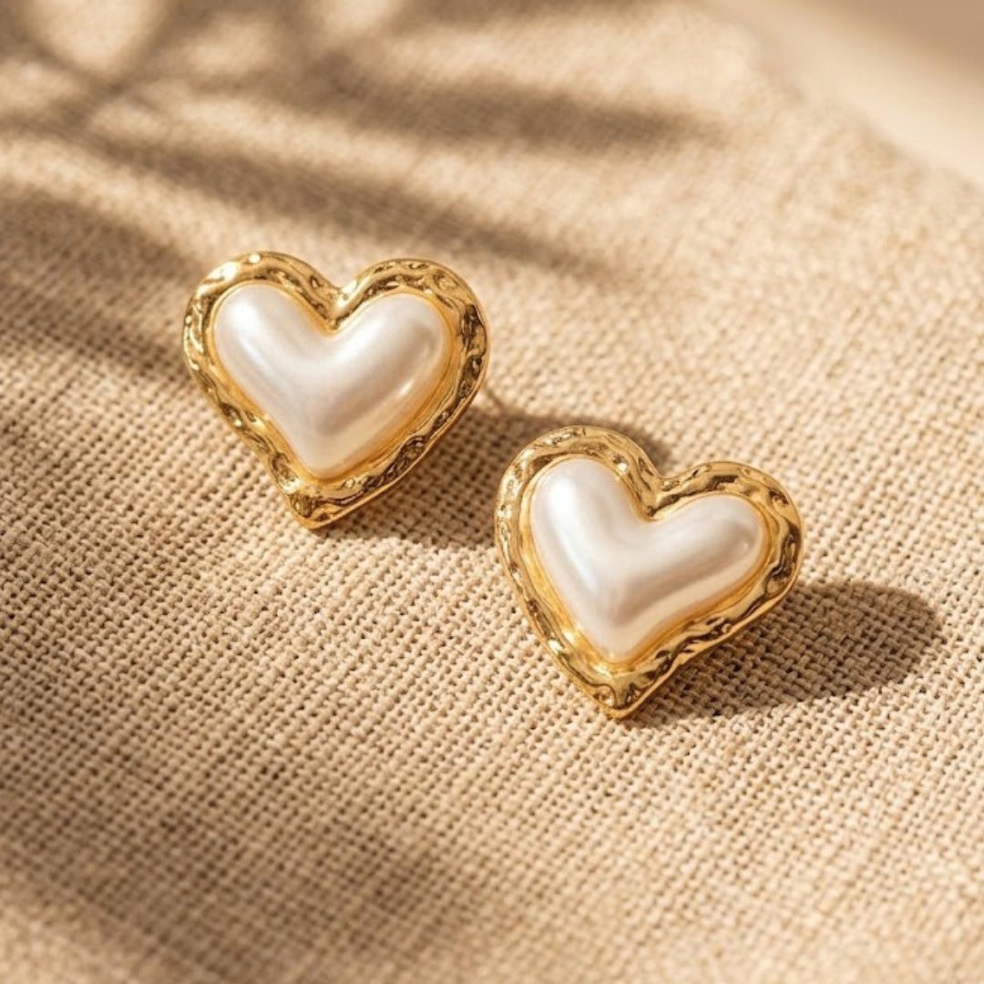 Pearl Heart Gold Stud Earrings