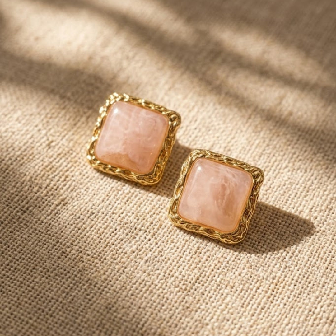 Blush Quartz Square Stud Earrings