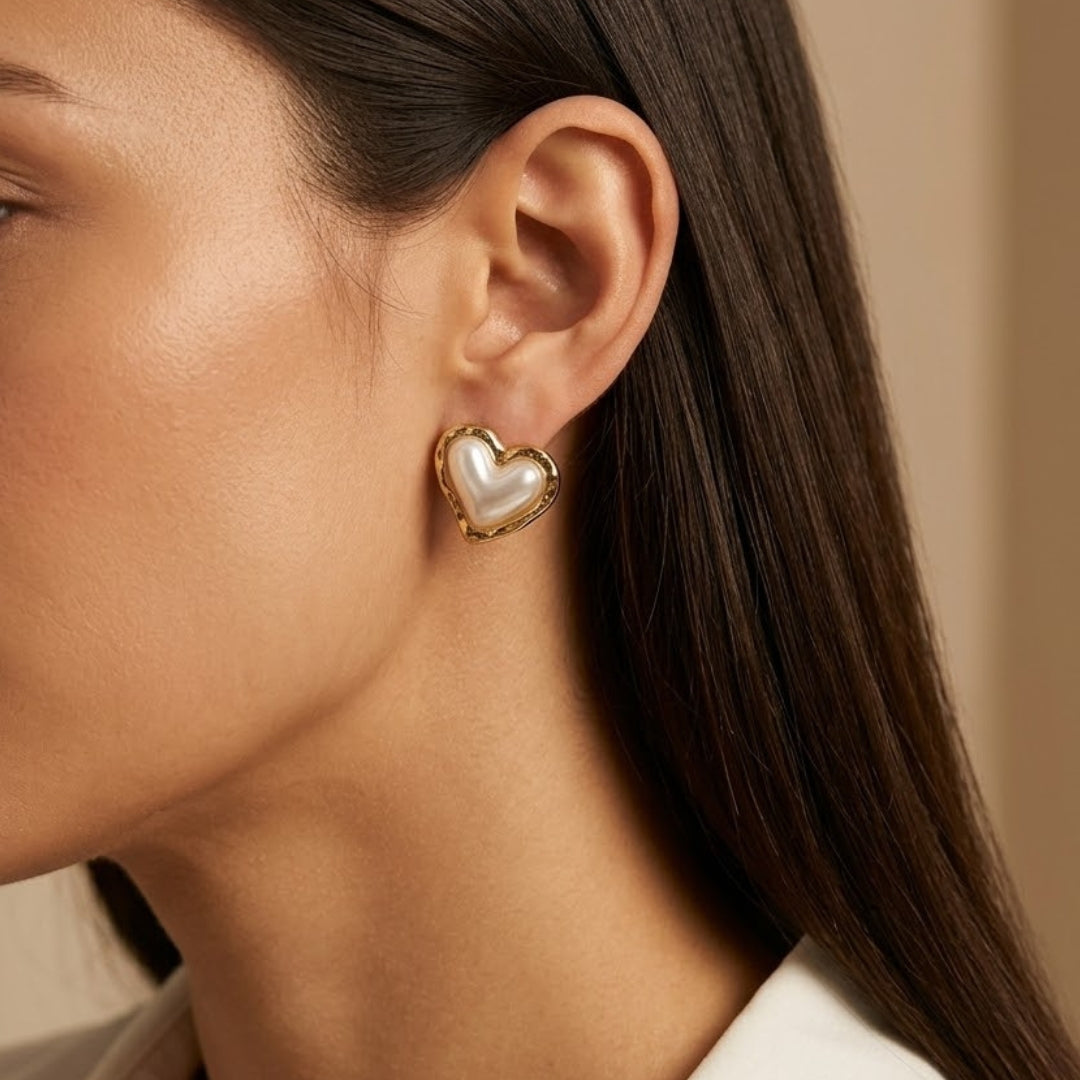 Pearl Heart Gold Stud Earrings