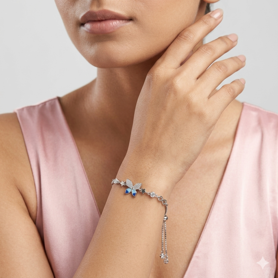 Silver Azure Blue Butterfly Star Adjustable Bracelet 925