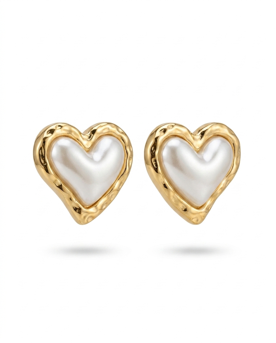 Pearl Heart Gold Stud Earrings